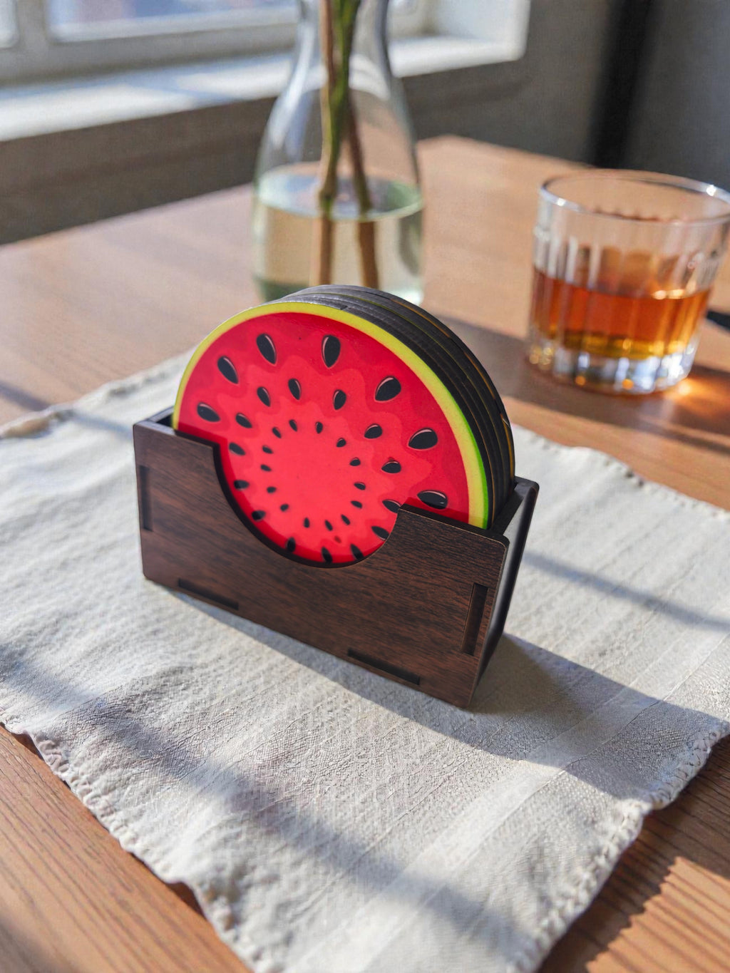 Fruit theme round wooden coaster set of 6 with stand