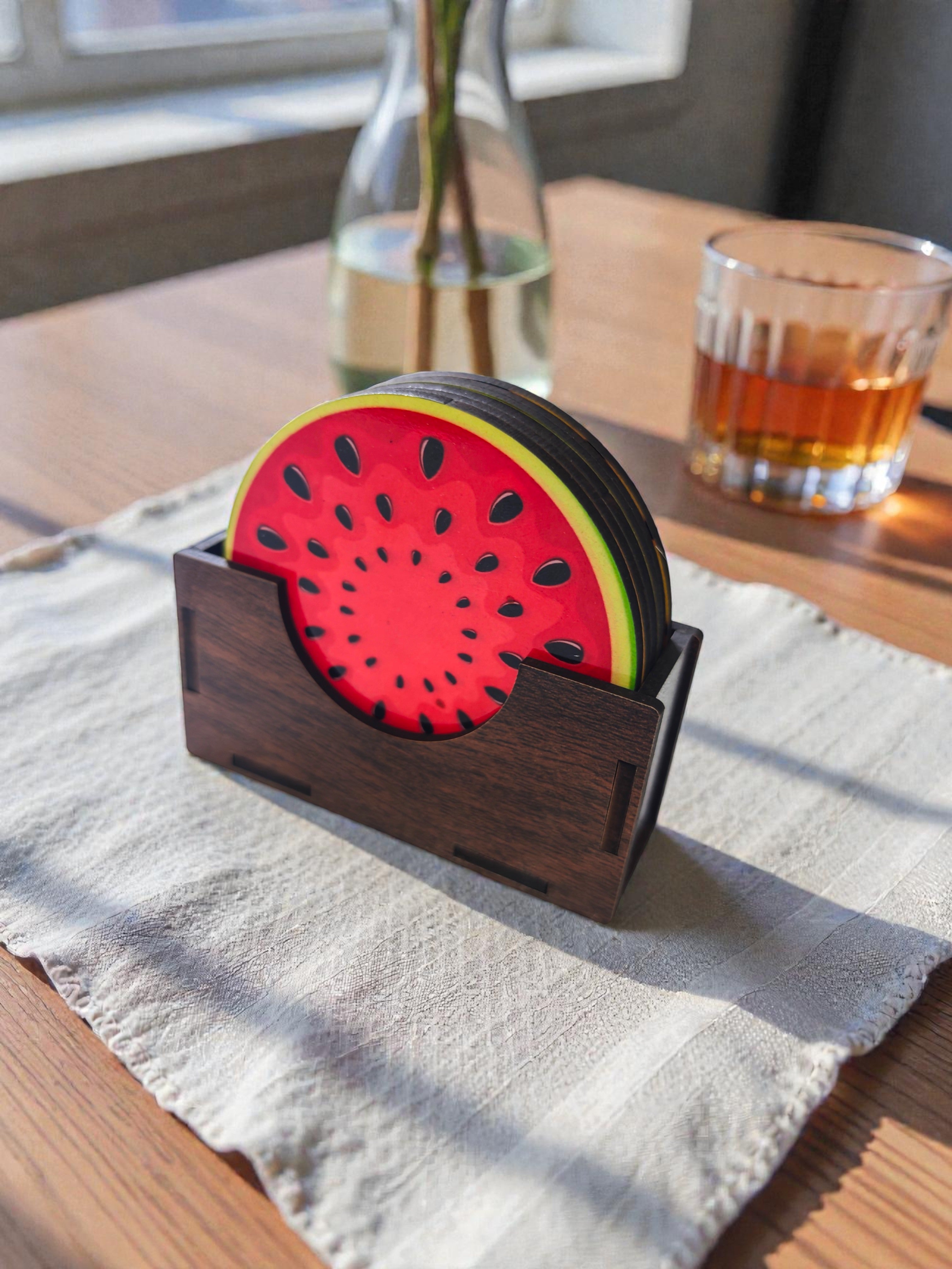 Fruit theme round wooden coaster set of 6 with stand