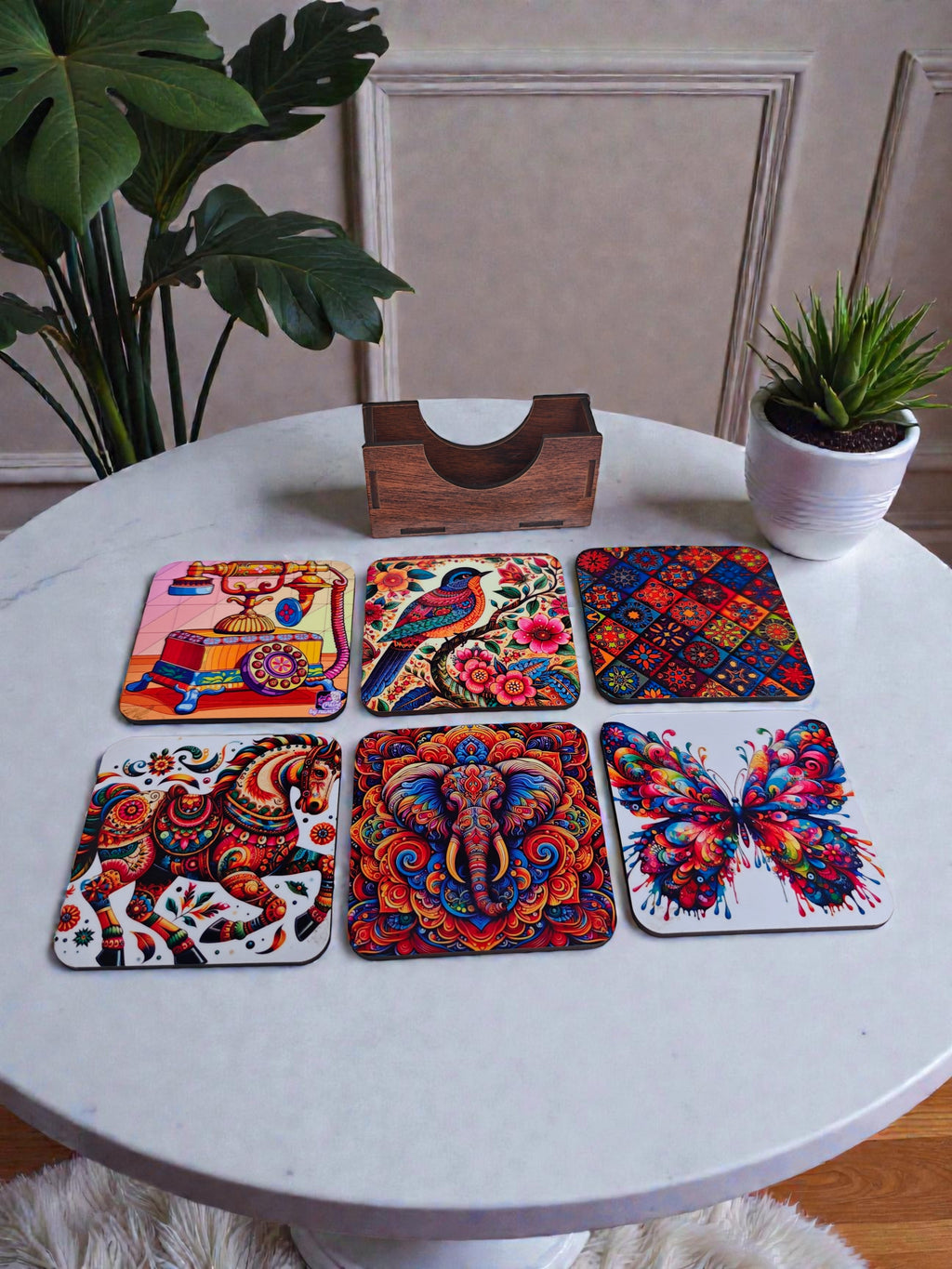 Indian quirky theme coaster set of 6 with holder round shape