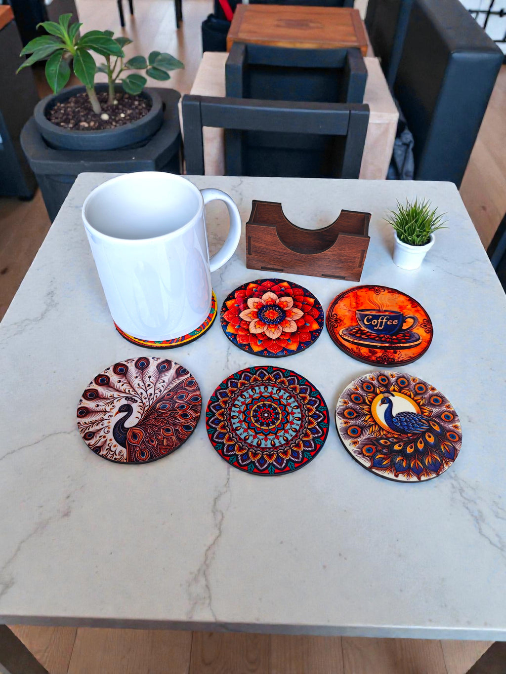 peacock mandala theme Coaster set of 6 with stand