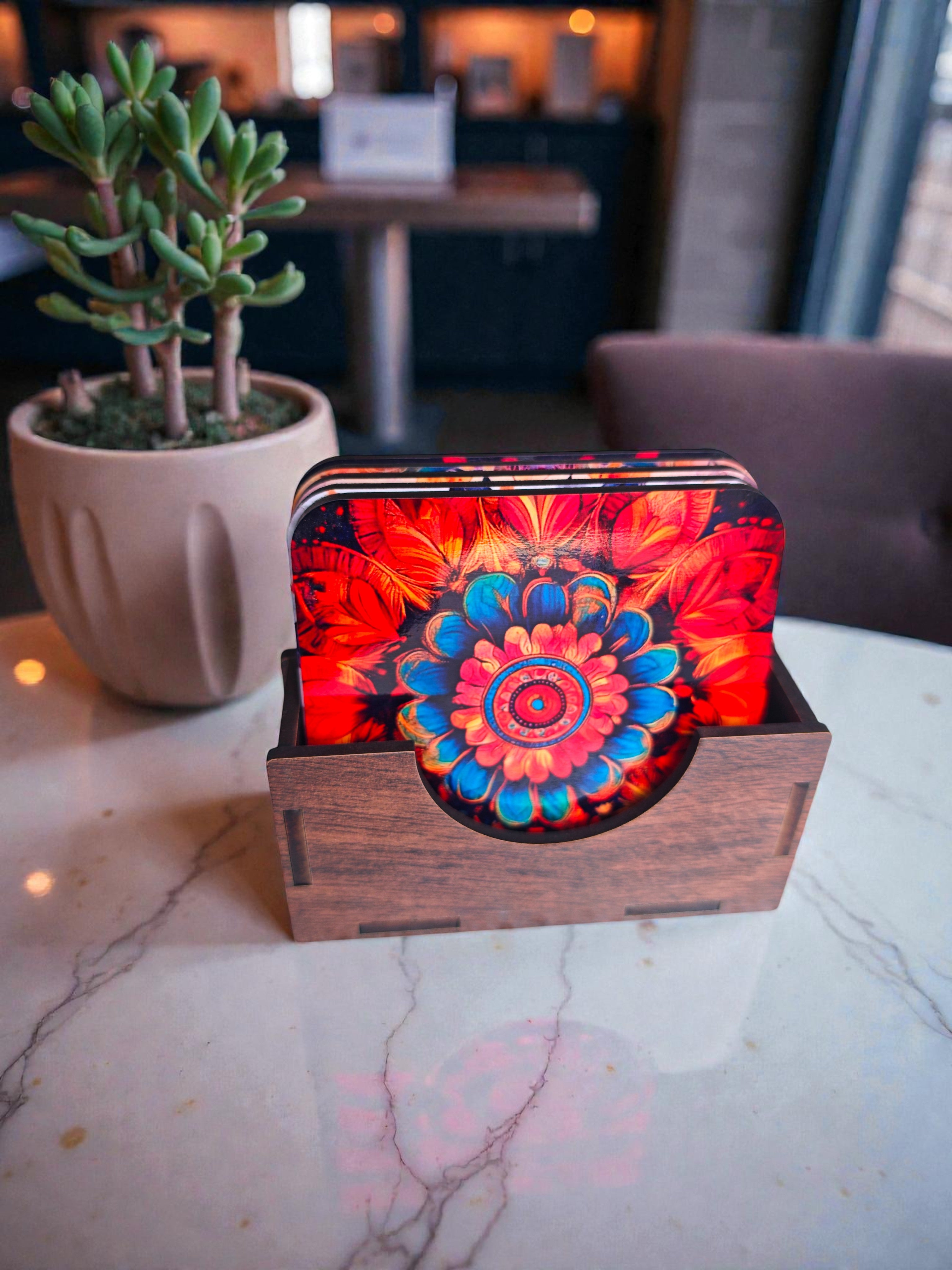 Floral theme wooden coaster set of 6 with stand squre