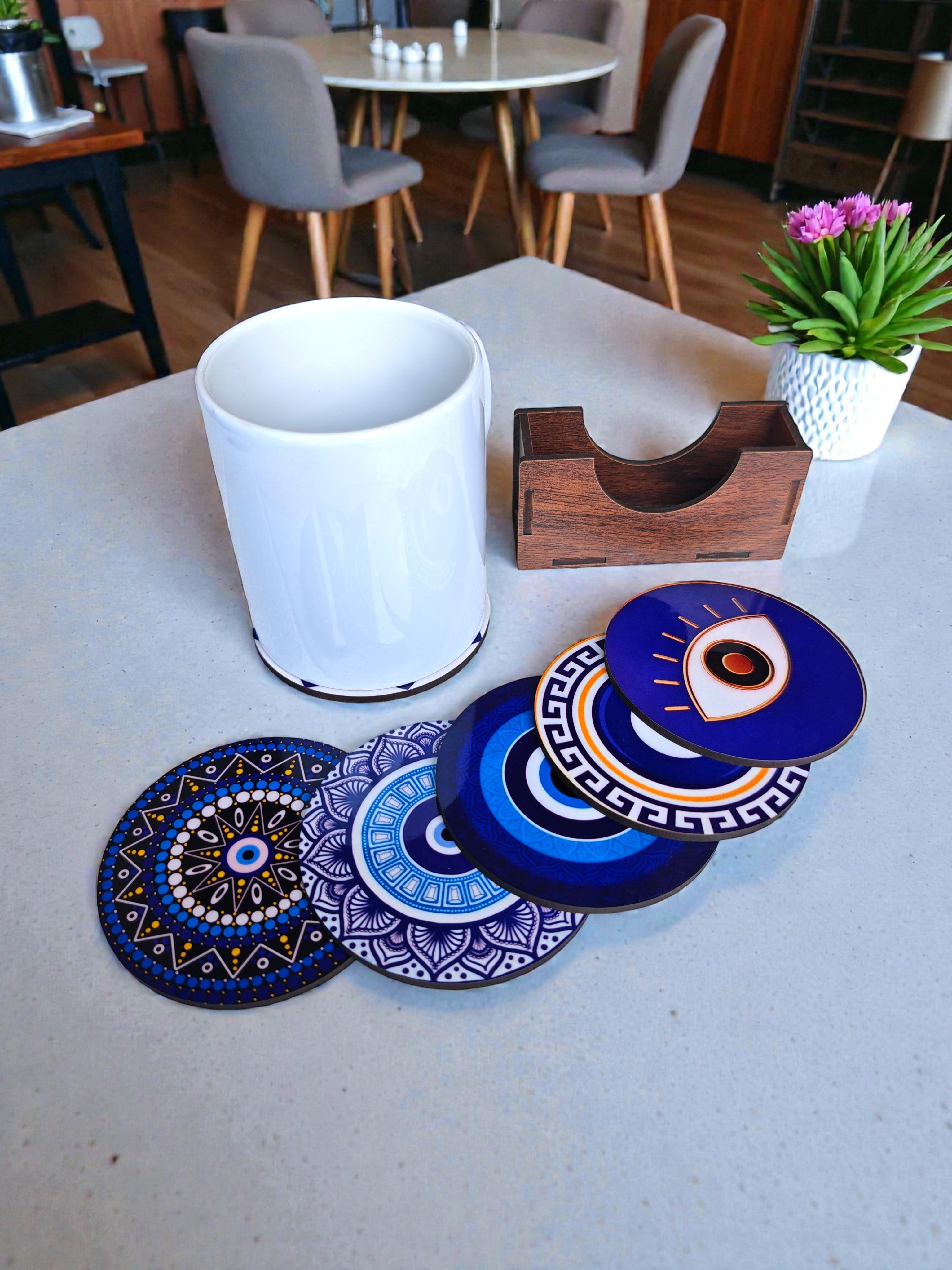 Evil eye themed coaster set of 6 with stand