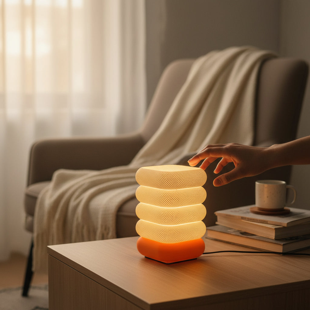 3D Printed orange white table lamp squre shape