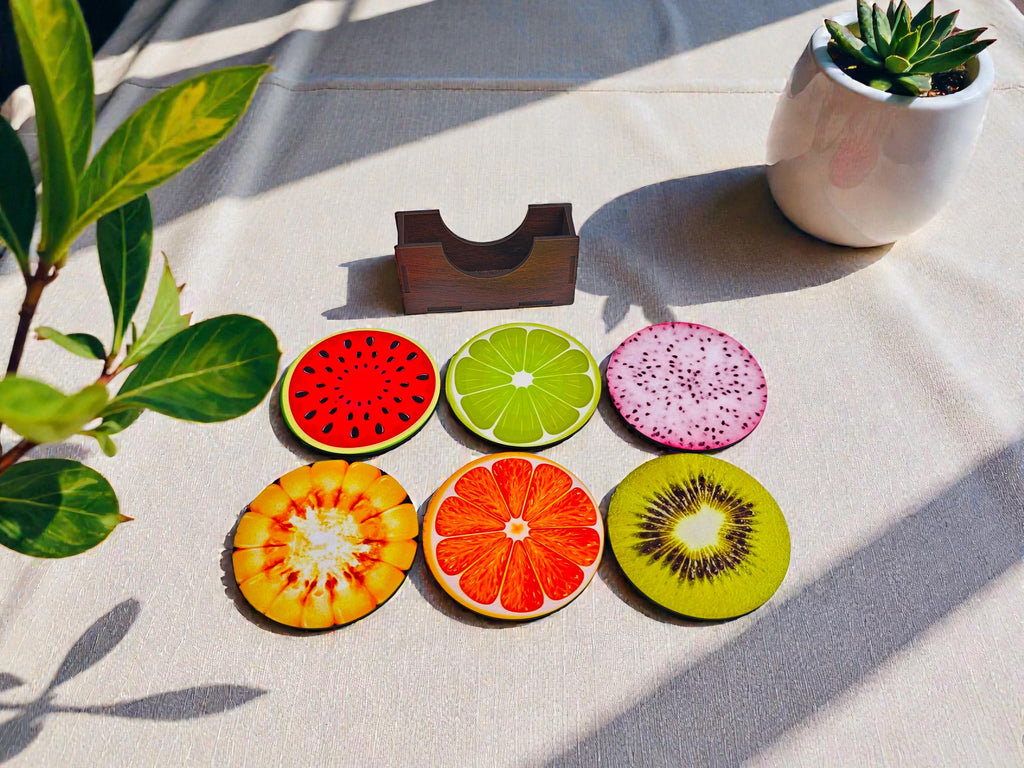 Fruit theme round wooden coaster set of 6 with stand