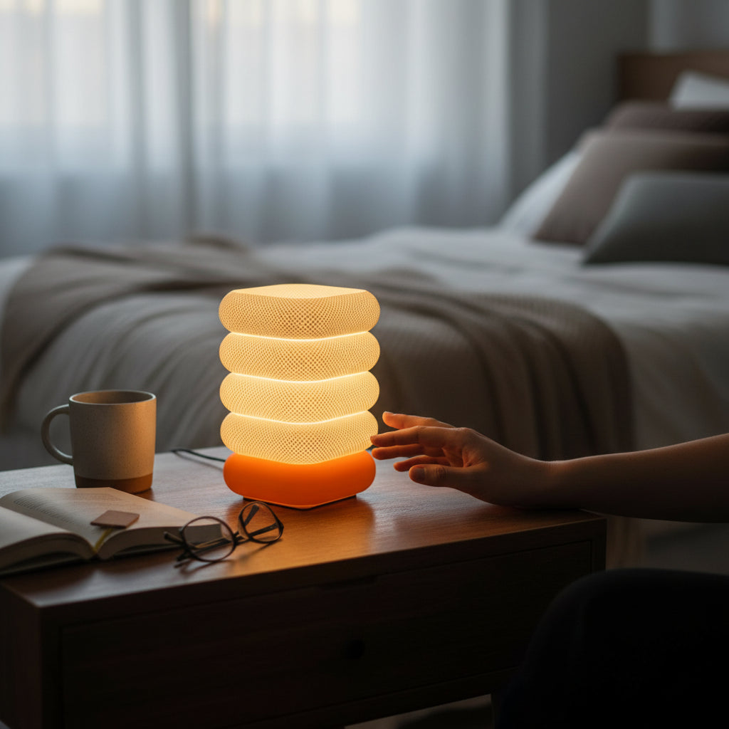 3D Printed orange white table lamp squre shape