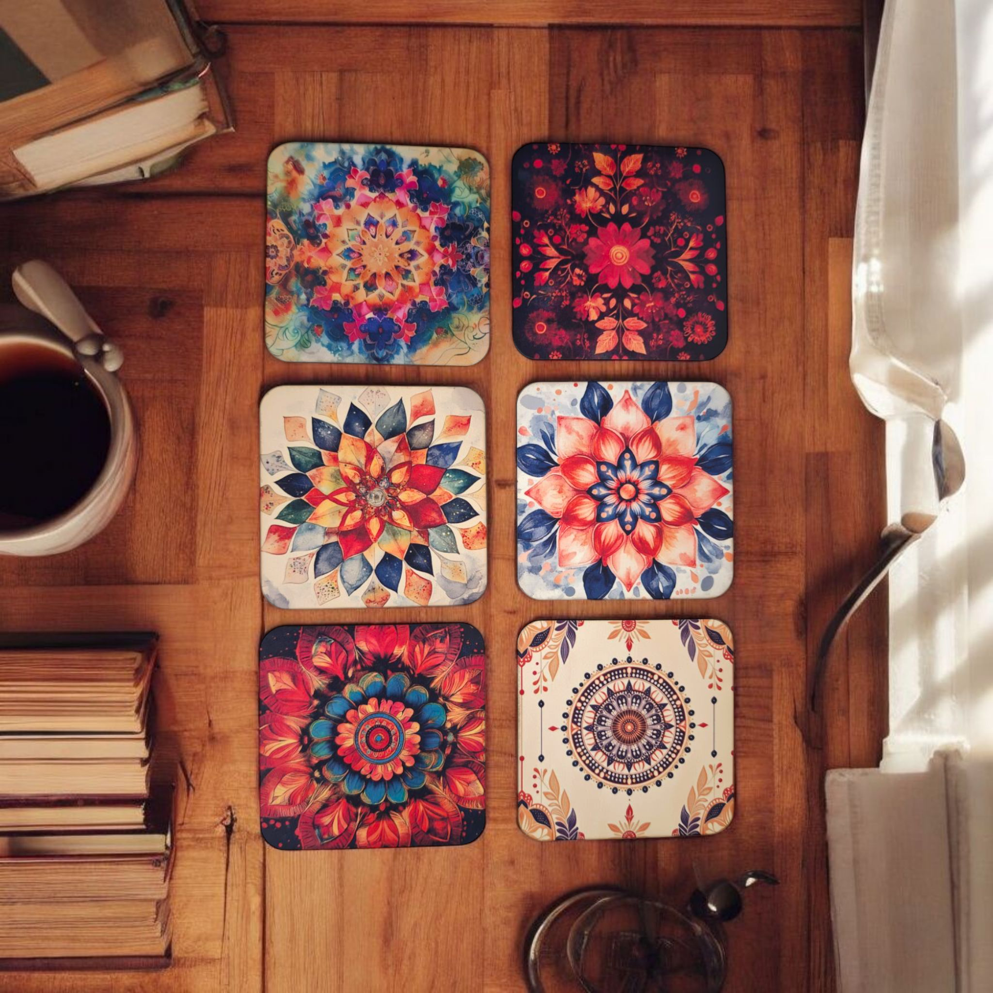 Floral theme wooden coaster set of 6 with stand squre