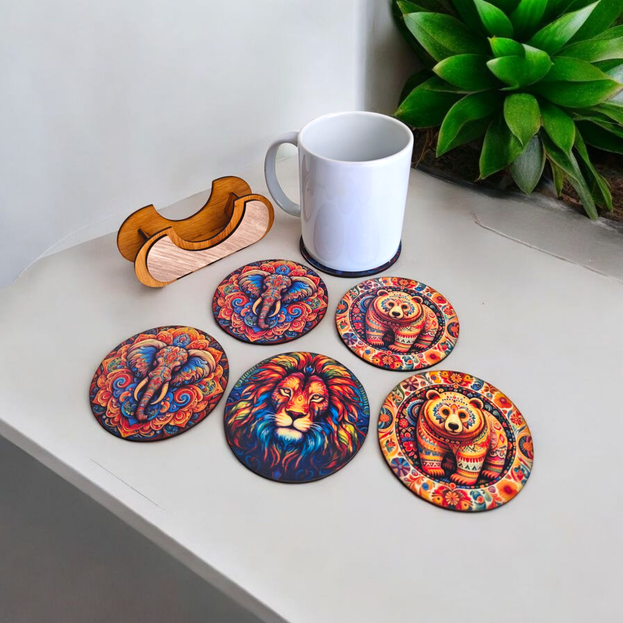 Animal theme wooden coaster set of 6 with stand