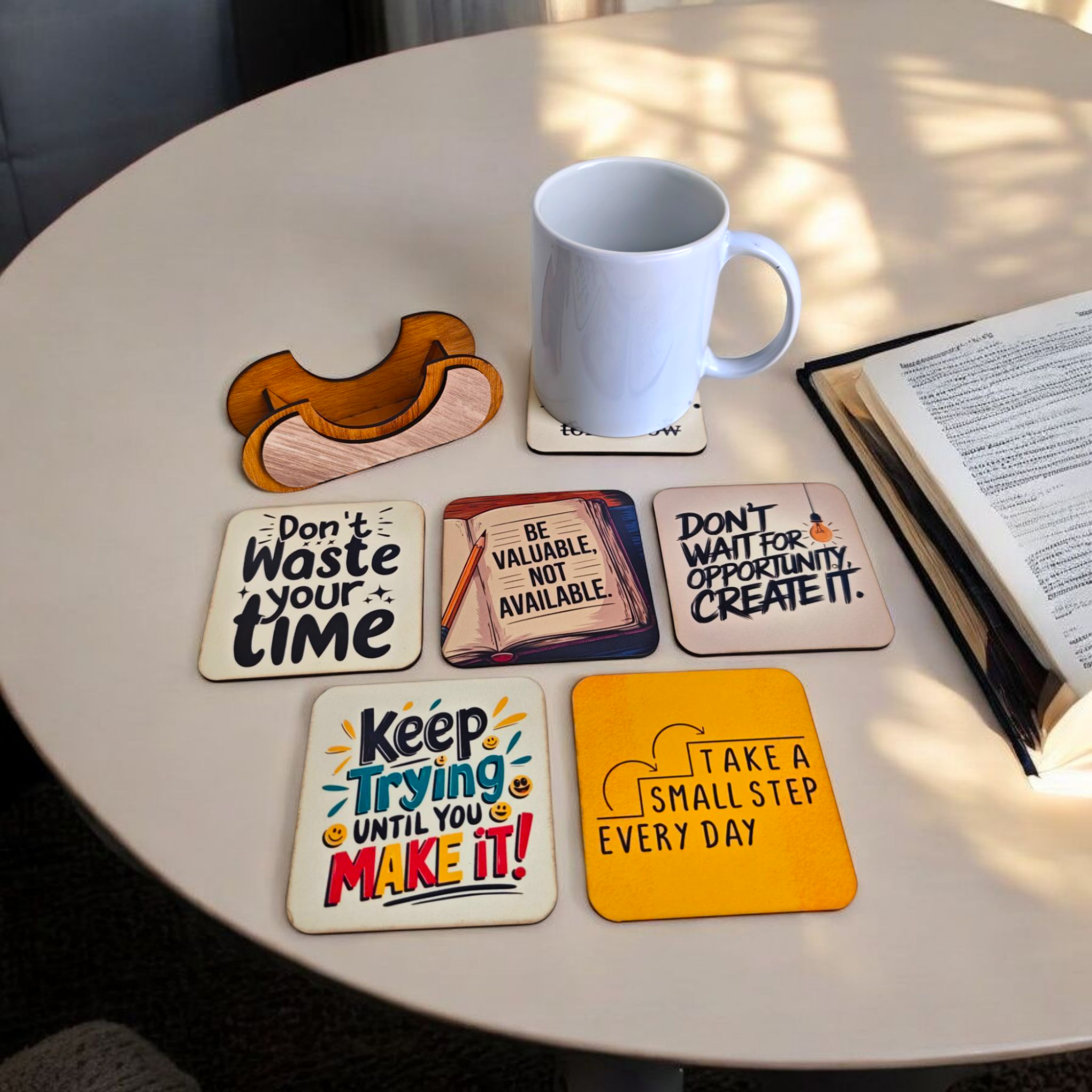Motivational quotes coaster set of 6 with stand