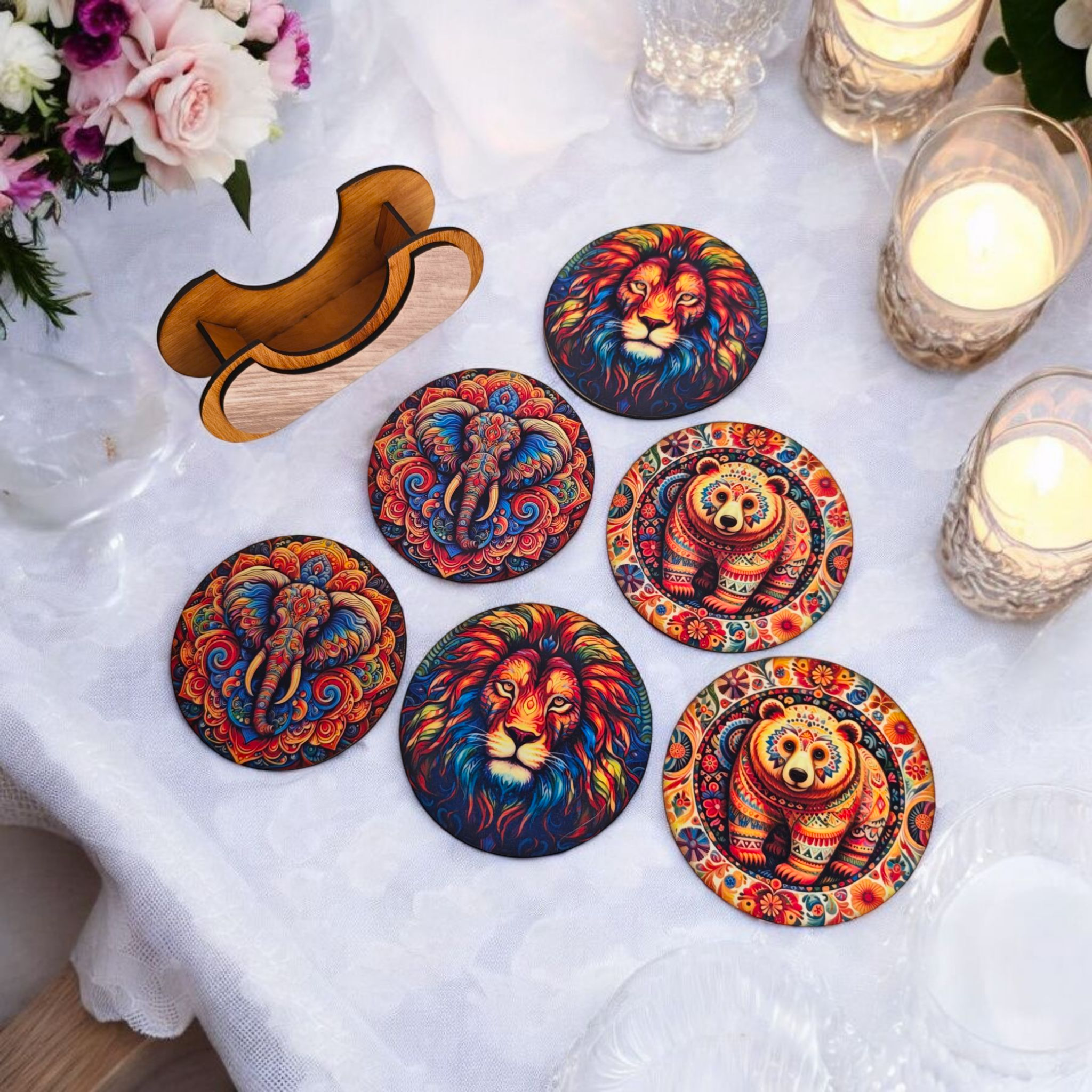 Animal theme wooden coaster set of 6 with stand