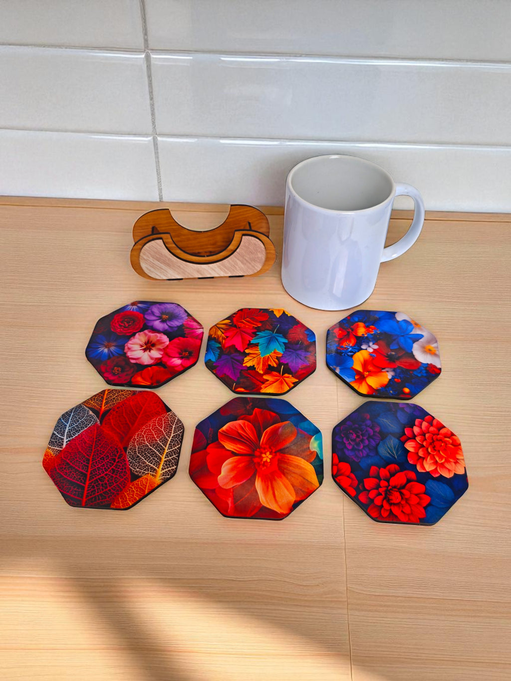Wooden flower theme octagonal coaster set of 6 with stand