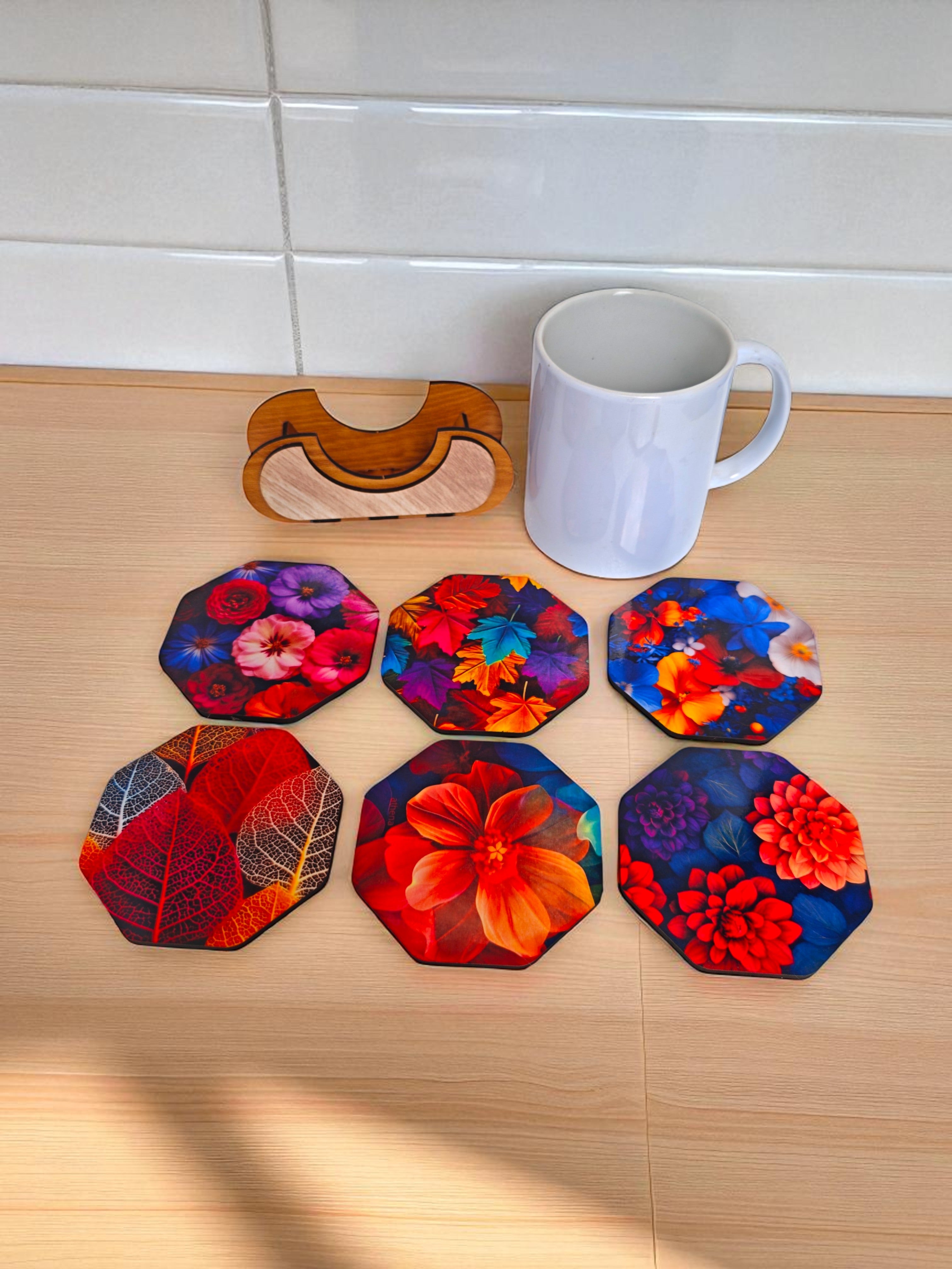 Wooden flower theme octagonal coaster set of 6 with stand