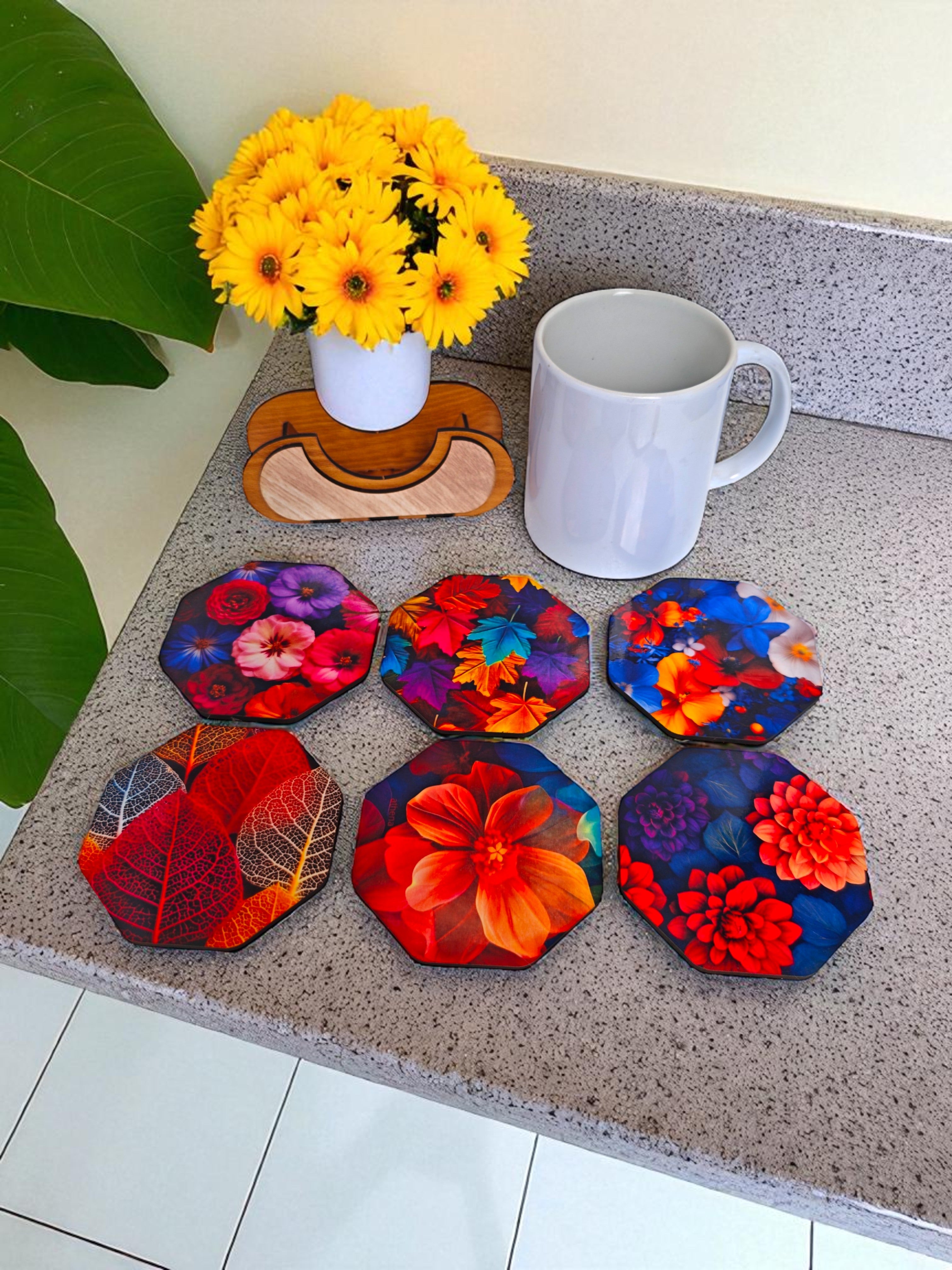 Wooden flower theme octagonal coaster set of 6 with stand