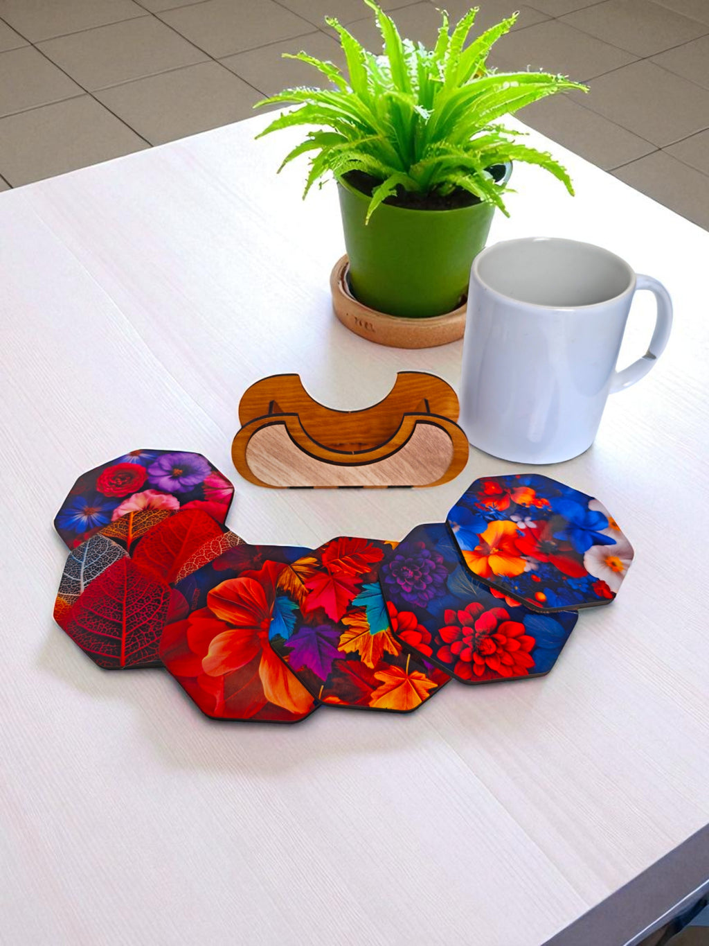 Wooden flower theme octagonal coaster set of 6 with stand