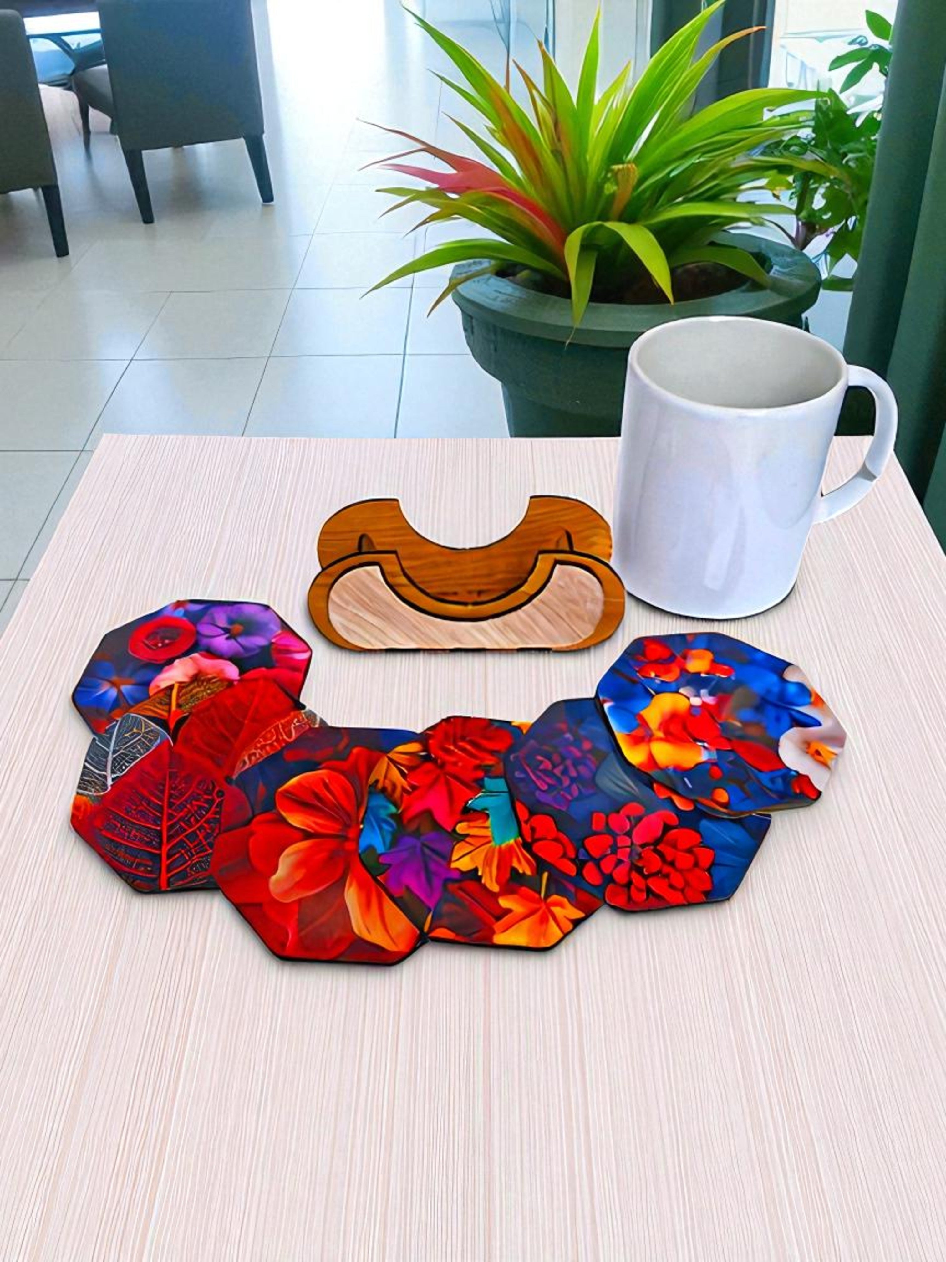 Wooden flower theme octagonal coaster set of 6 with stand