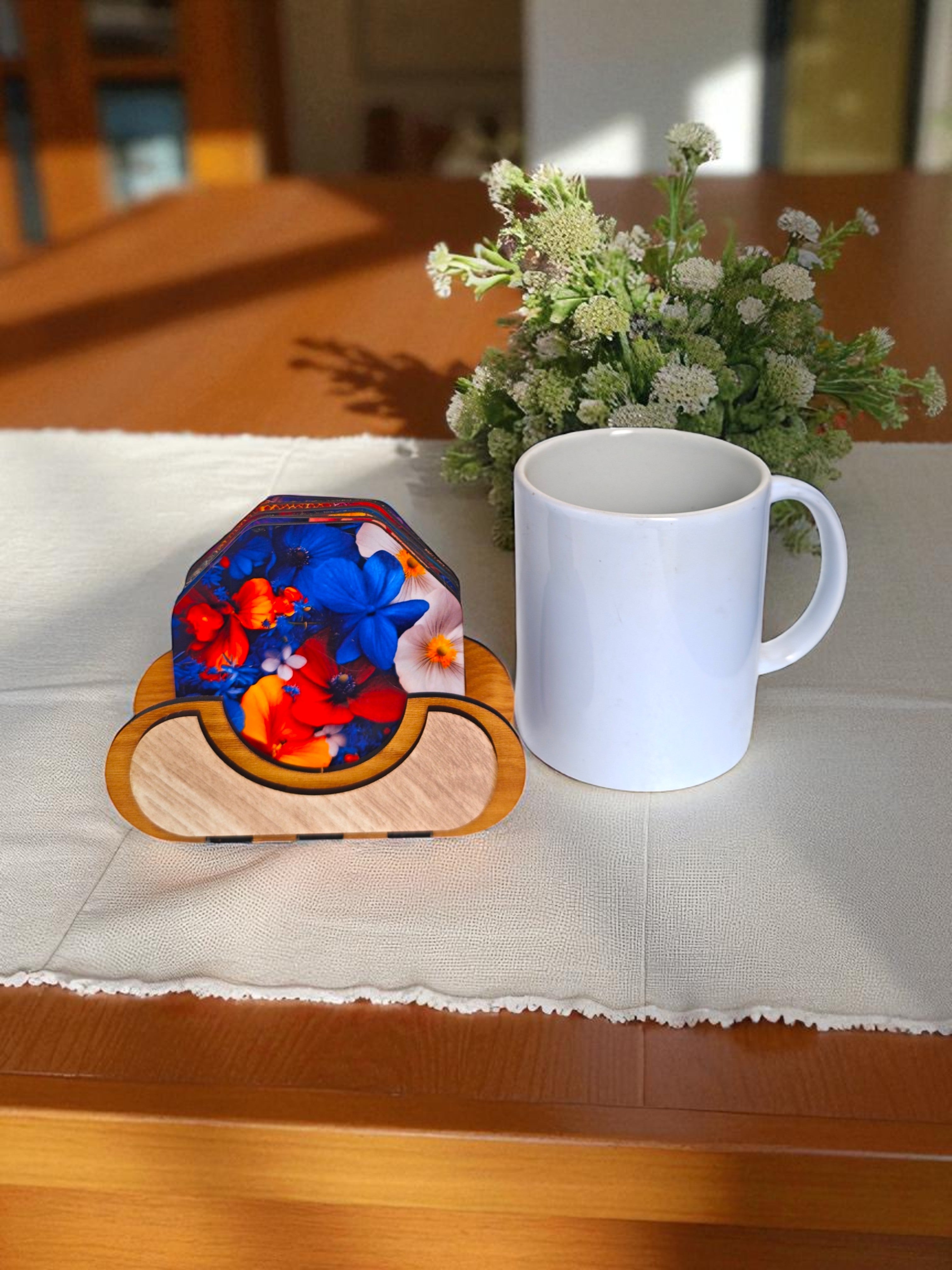 Wooden flower theme octagonal coaster set of 6 with stand