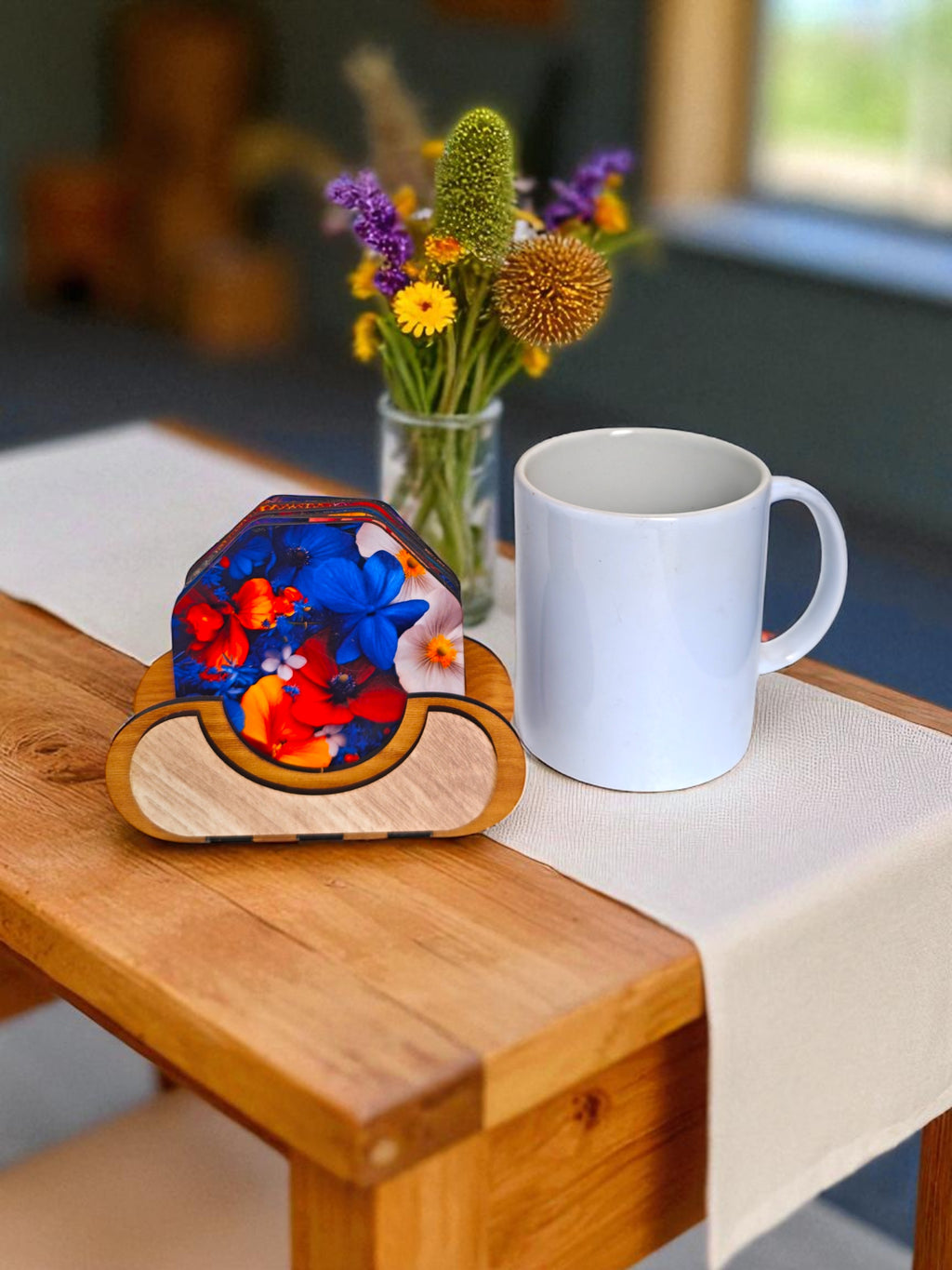 Wooden flower theme octagonal coaster set of 6 with stand