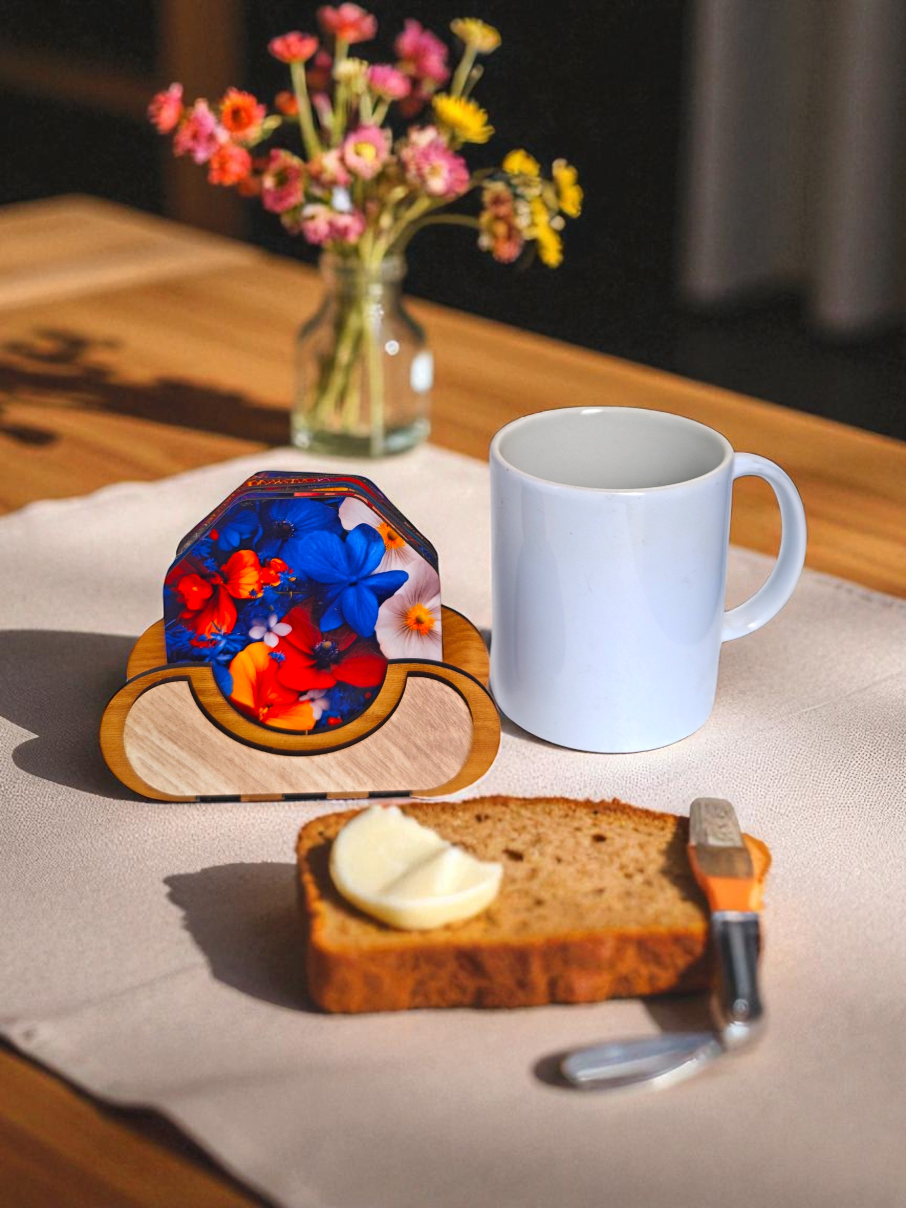 Wooden flower theme octagonal coaster set of 6 with stand