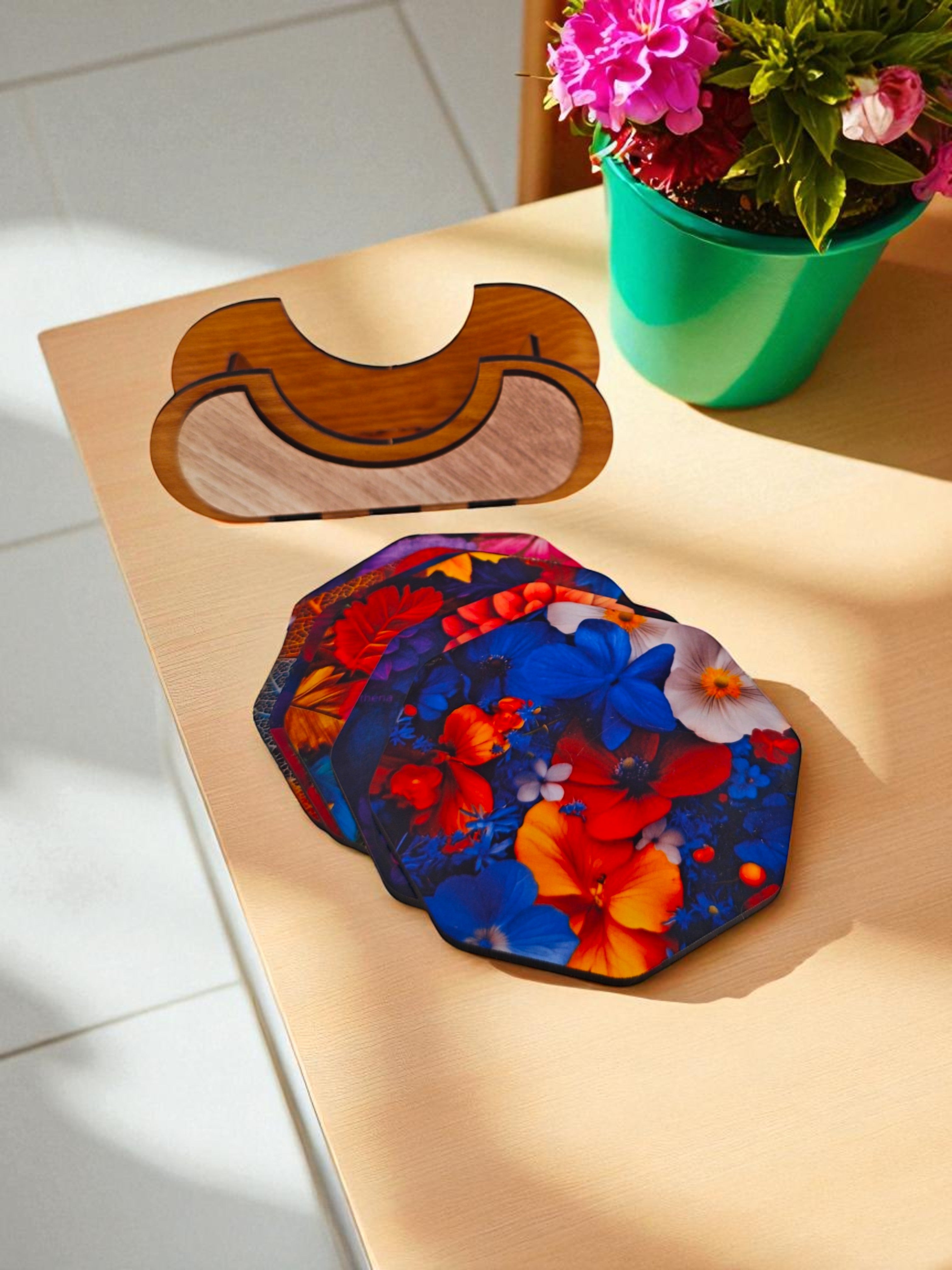 Wooden flower theme octagonal coaster set of 6 with stand