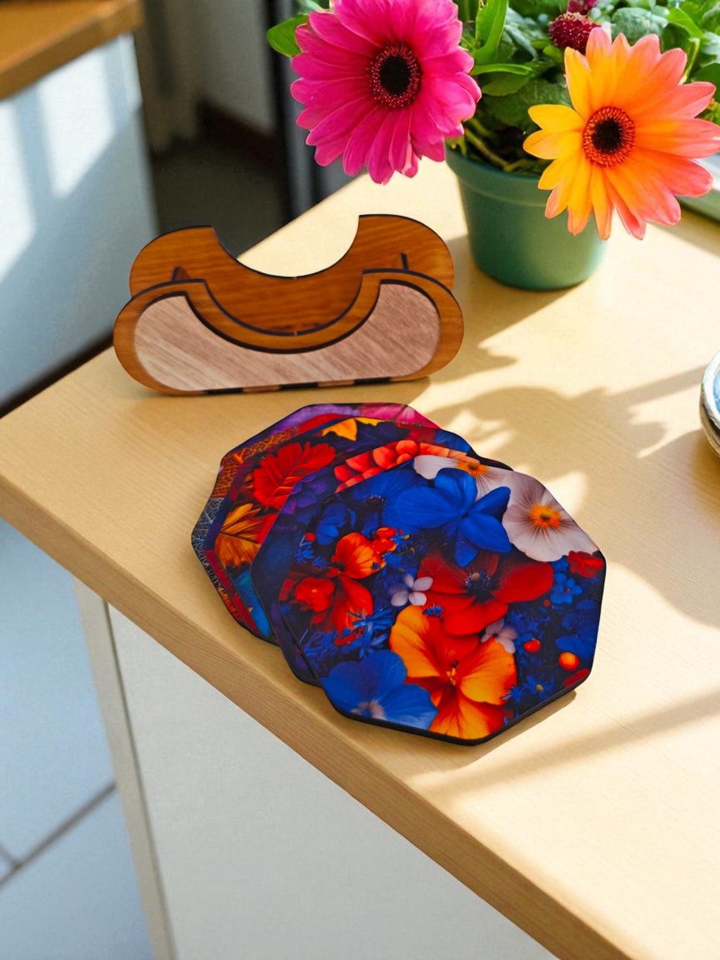 Wooden flower theme octagonal coaster set of 6 with stand