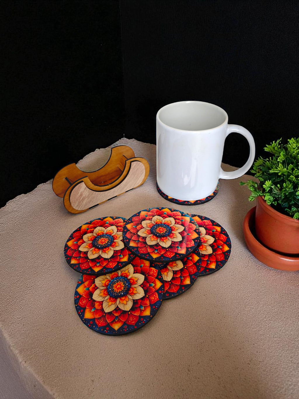 Round Floral theme wooden coaster set of 6 with stand