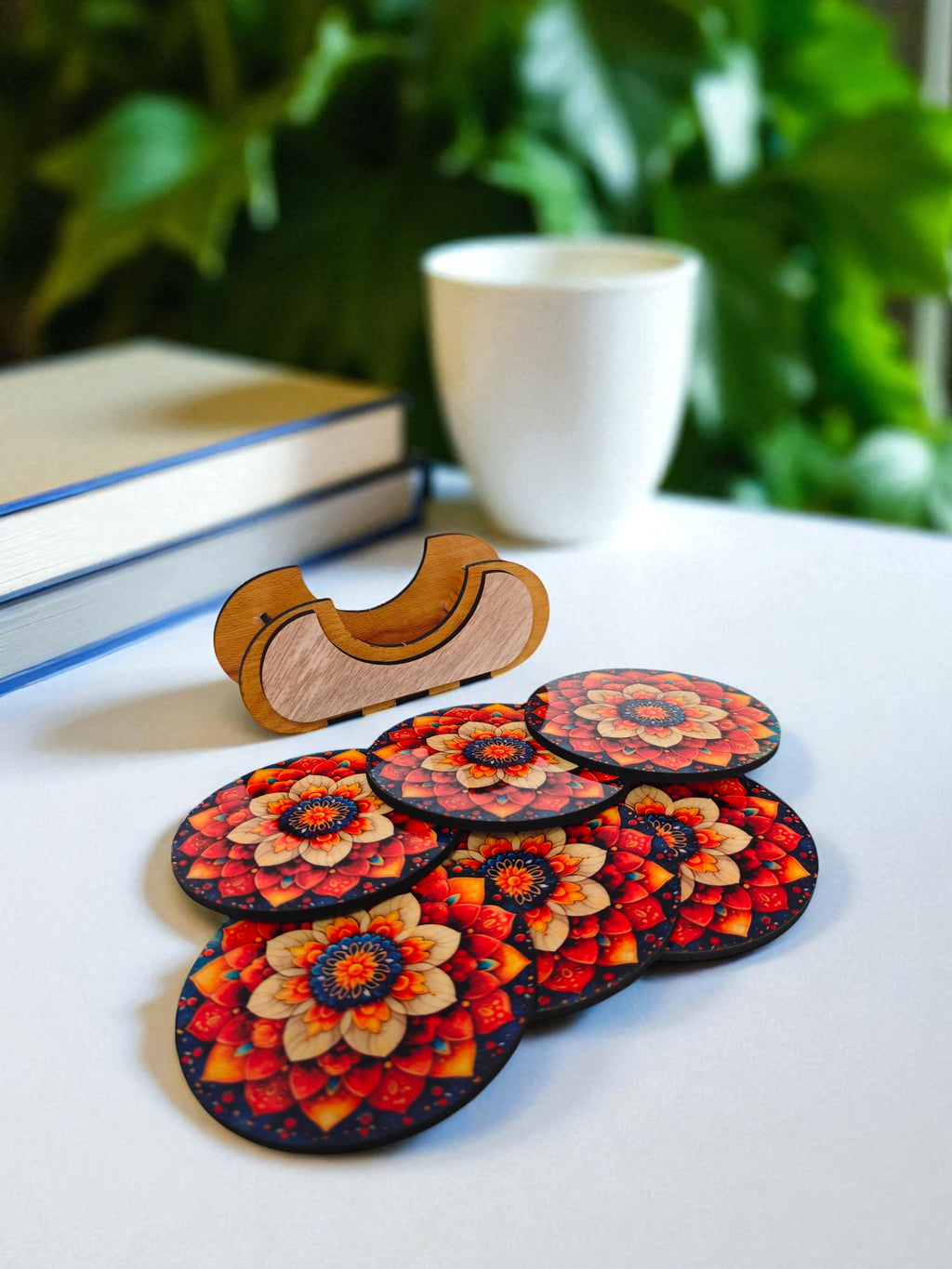 Round Floral theme wooden coaster set of 6 with stand