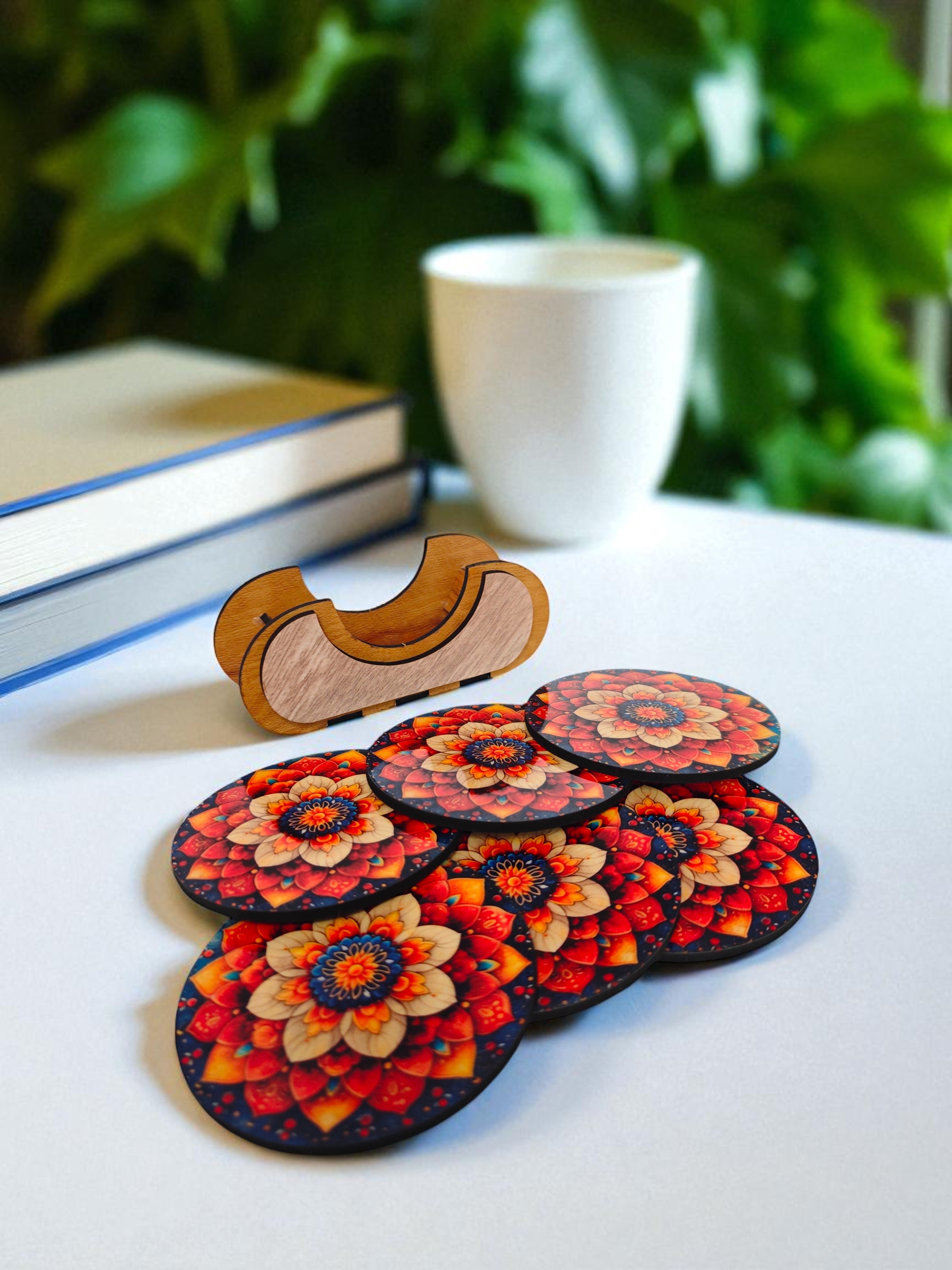 Round Floral theme wooden coaster set of 6 with stand