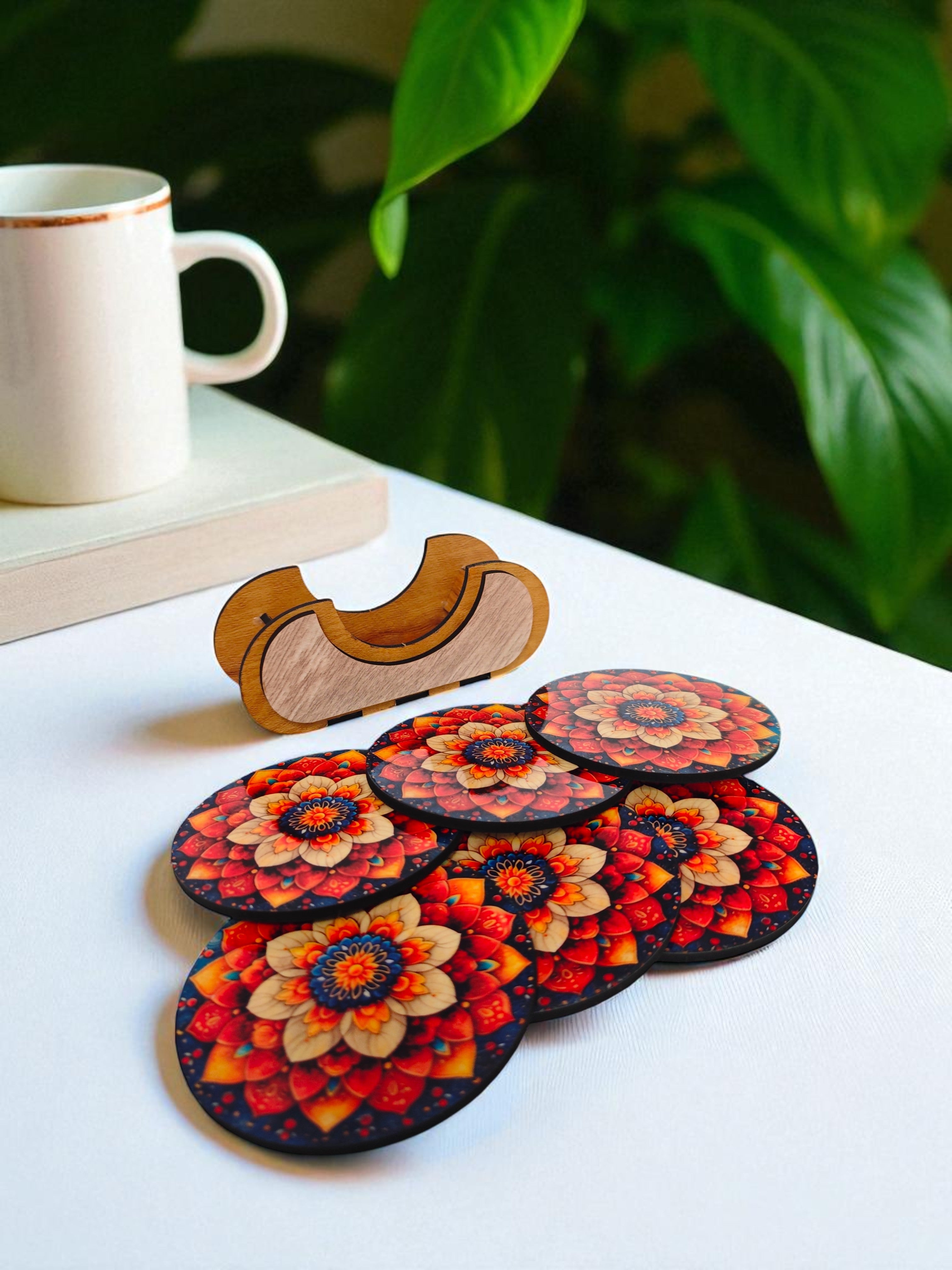 Round Floral theme wooden coaster set of 6 with stand