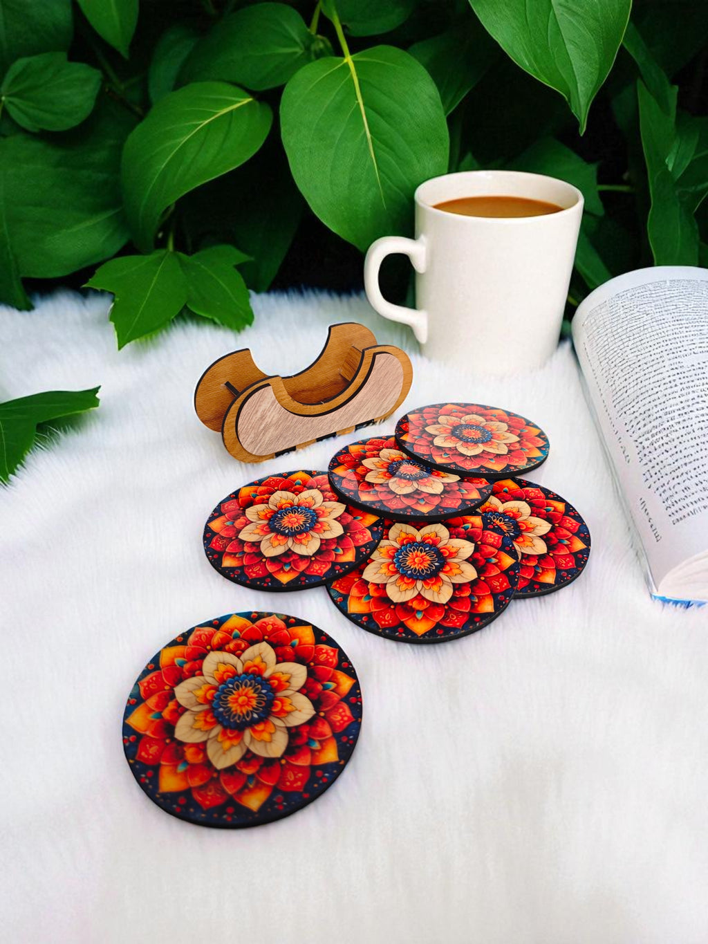 Round Floral theme wooden coaster set of 6 with stand