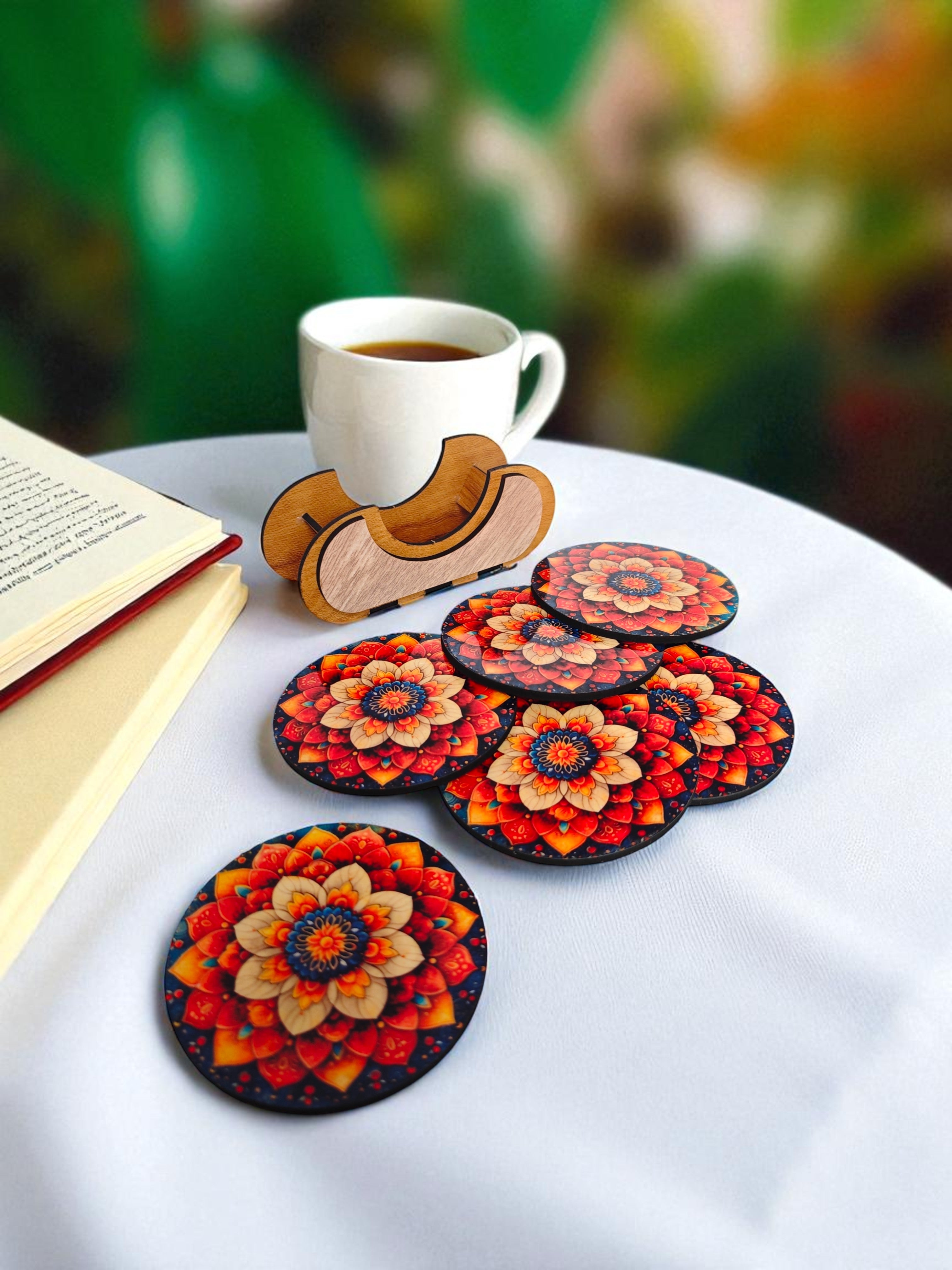 Round Floral theme wooden coaster set of 6 with stand
