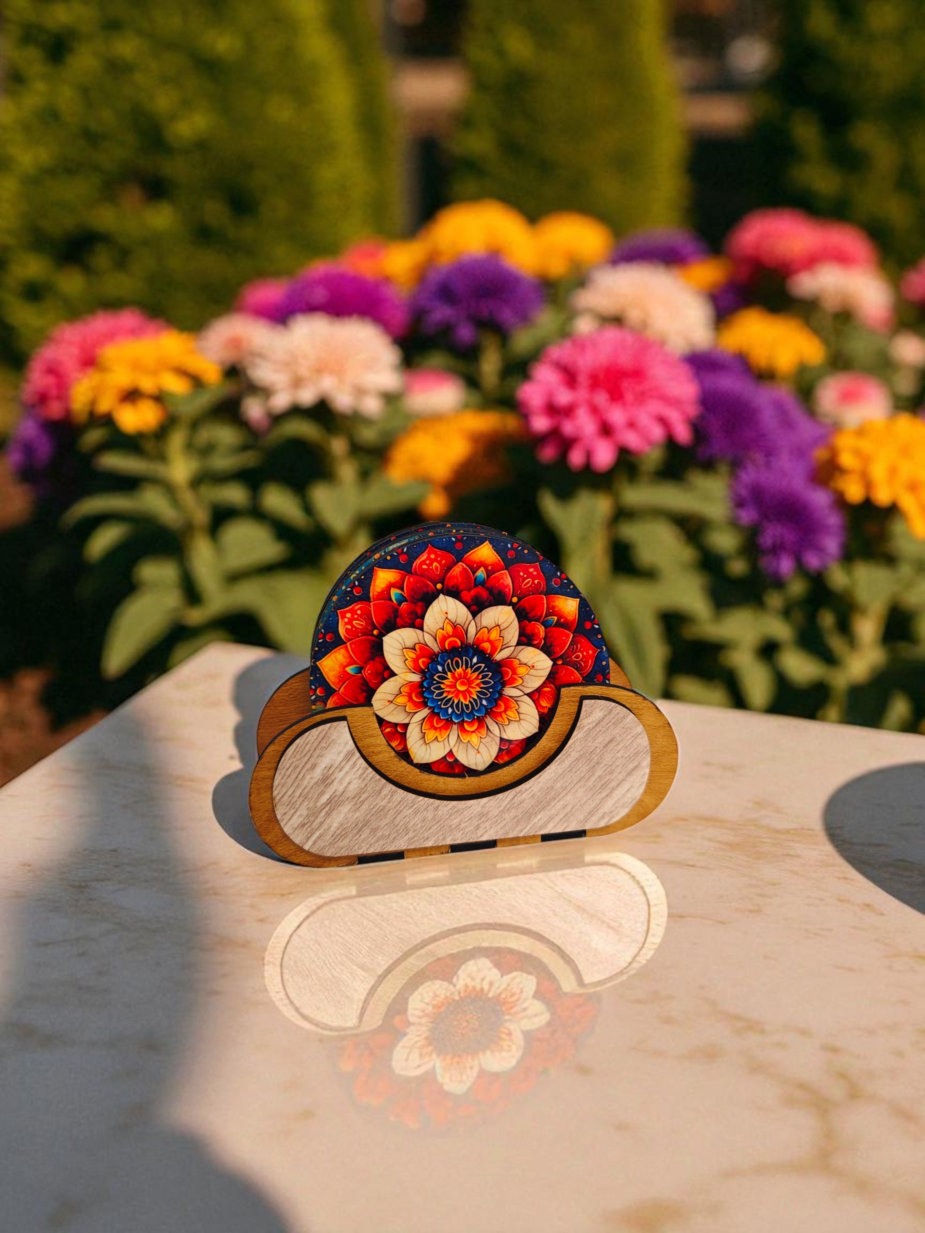 Round Floral theme wooden coaster set of 6 with stand