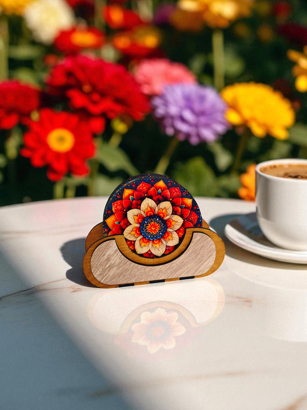 Round Floral theme wooden coaster set of 6 with stand