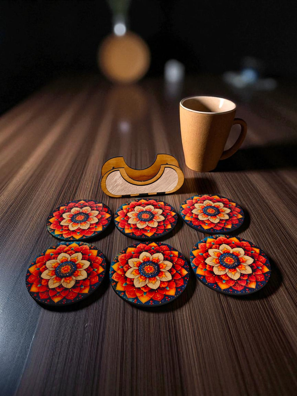 Round Floral theme wooden coaster set of 6 with stand